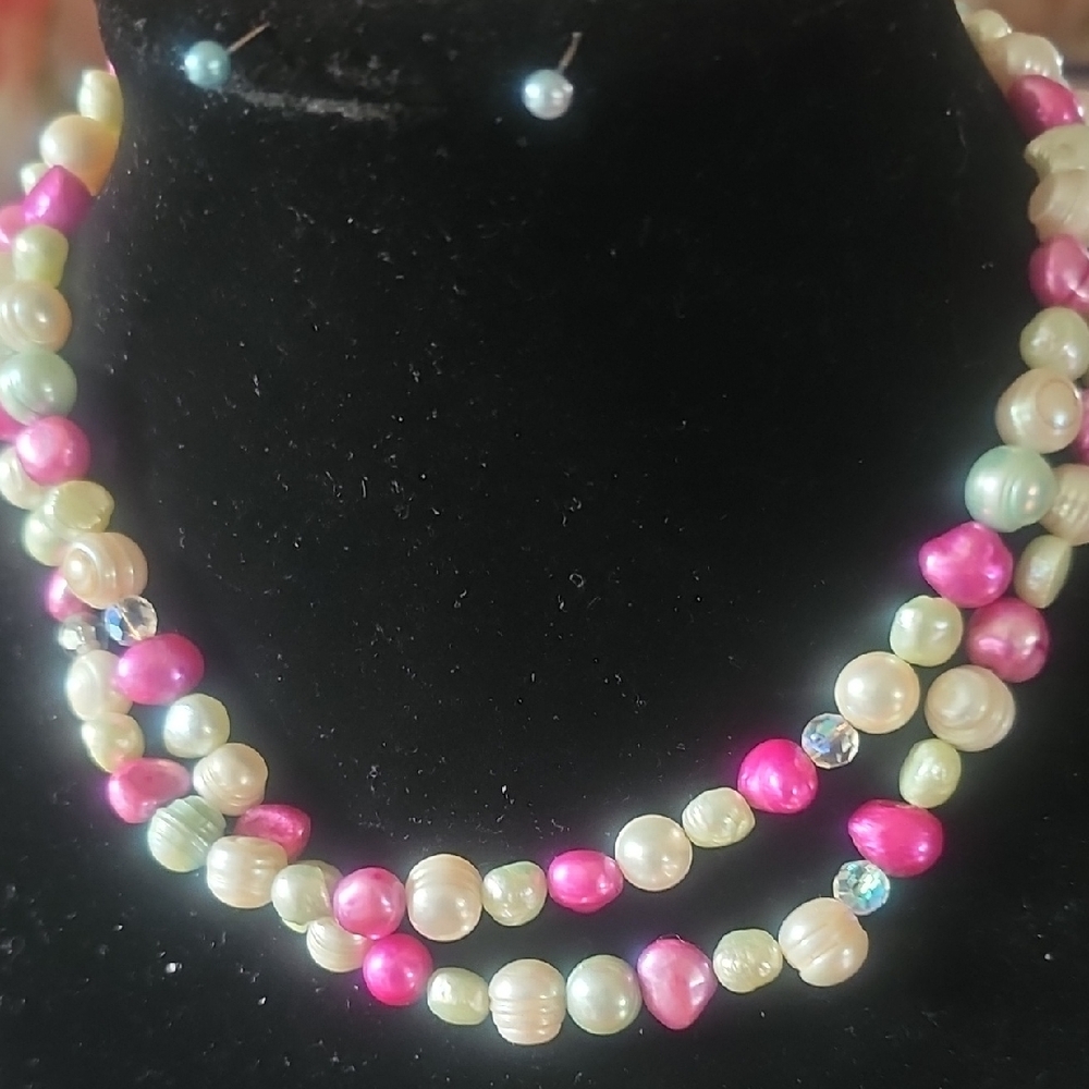 Elegant Pink, Blue , Cream potatoes Shape Pearl Necklace